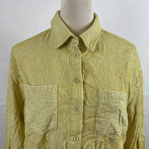 FRNCH Top S Chartreuse White Textured Stripe Cropped Button Front Long Sleeve - Picture 3 of 11